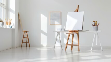 A bright, minimalist art studio featuring an empty canvas, easel, and tools, bathed in natural light.