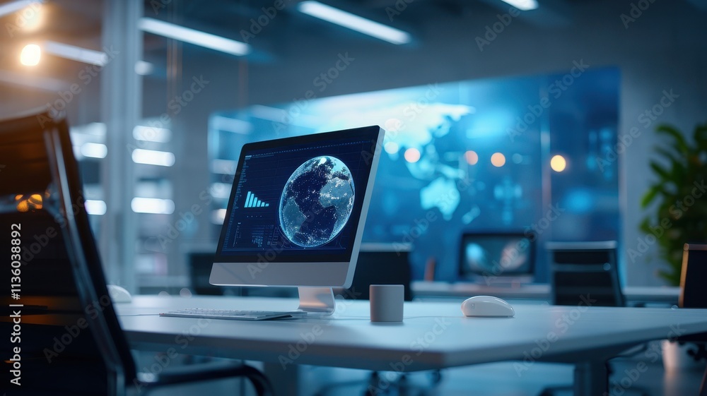 Poster a modern office workspace featuring a computer displaying a globe, with a sleek desk and ambient lig
