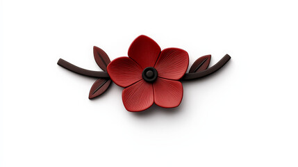 Naklejka premium Red Bloom on Branch: A delicate red flower with black center blossoms on a brown branch with leaves, showcasing the beauty of nature in a minimalist style. 