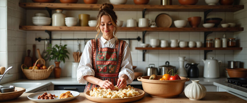 Preparing traditional dishes for Maslenitsa celebrations in a cozy kitchen