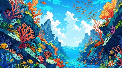 Vibrant underwater scene with colorful corals and fish in a bright ocean landscape.