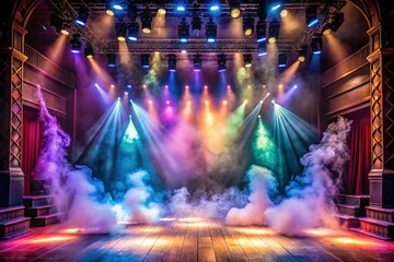 Fototapeta premium AI Generated Theater Lights Smoke Image, Stage Lighting, Dramatic Smoke Effect, Generative Art, Spotlight, Haze, Backstage, Performance, Show