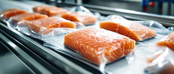 Salmon fillets in vacuum packaging on a conveyor belt in a modern food processing facility