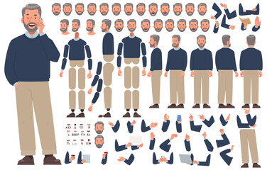 Mature man character constructor. Set of different positions of arms legs head and body for creating animation and your own illustrations. DIY kit. Vector illustration