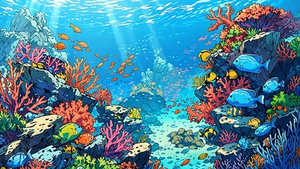 Vibrant underwater scene with colorful fish and coral reefs.