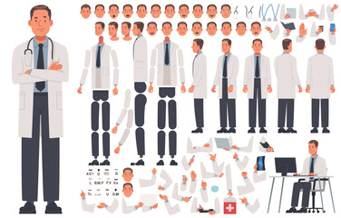 Male doctor character constructor. Set of different hand, leg and body positions to create animation or your own illustrations. DIY kit. Vector illustration