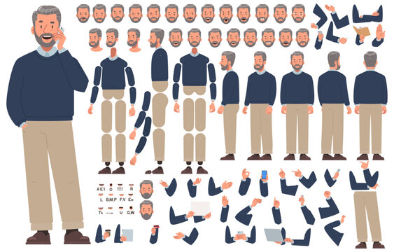 Mature man character constructor. Set of different positions of arms legs head and body for creating animation and your own illustrations. DIY kit. Vector illustration