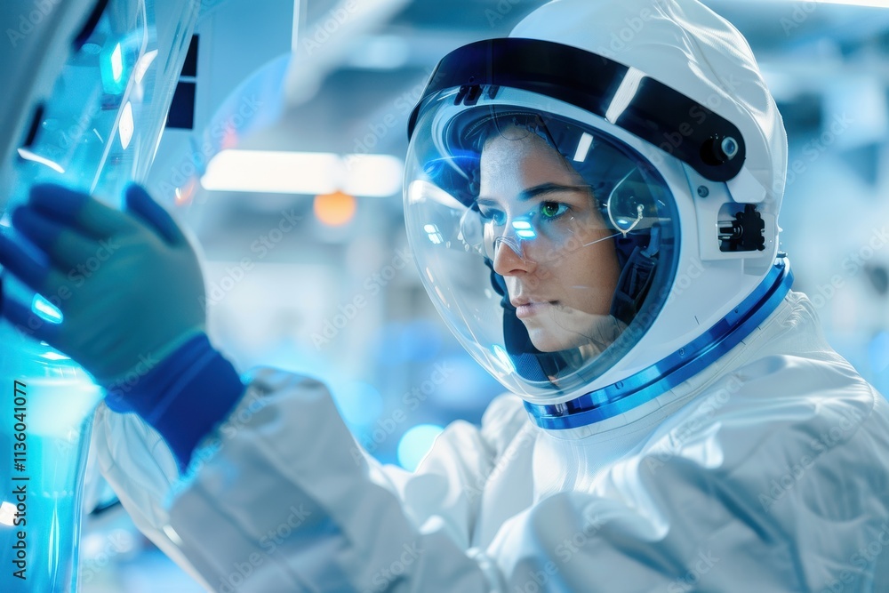Poster a focused astronaut in a high-tech environment interacts with equipment, showcasing a blend of techn