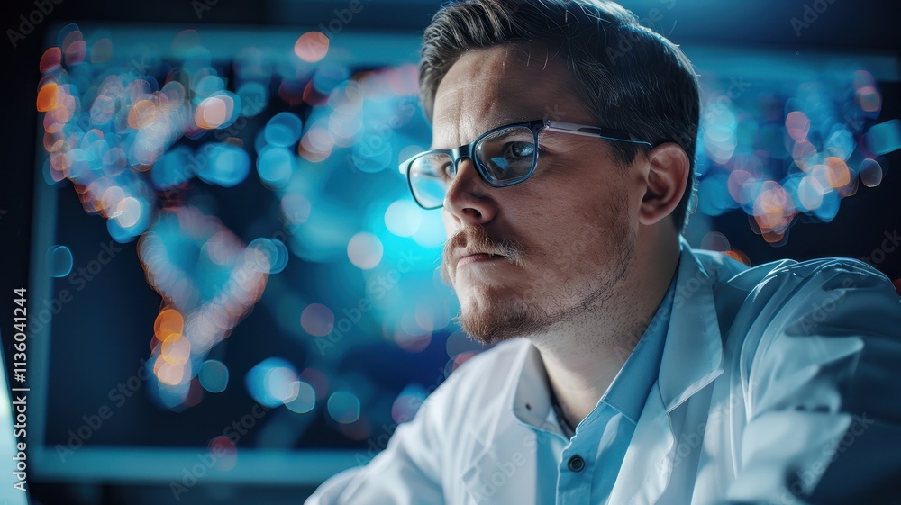Poster a focused scientist analyzes data on a computer, surrounded by colorful digital visuals, showcasing 