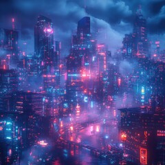 Fototapeta premium Futuristic cityscape at night, shrouded in vibrant neon lights and fog.