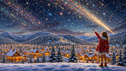 A young girl in a festive dress pointing at shooting stars in a magical winter landscape with a glowing village