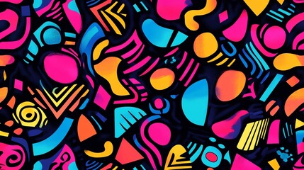Fototapeta premium An abstract pattern with bright colors and various geometric shapes on a black background.