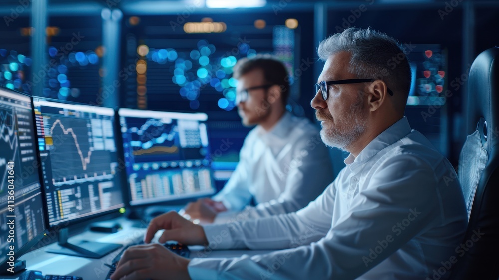 Aufkleber two professionals analyze data on multiple screens in a high-tech environment, focused on financial 
