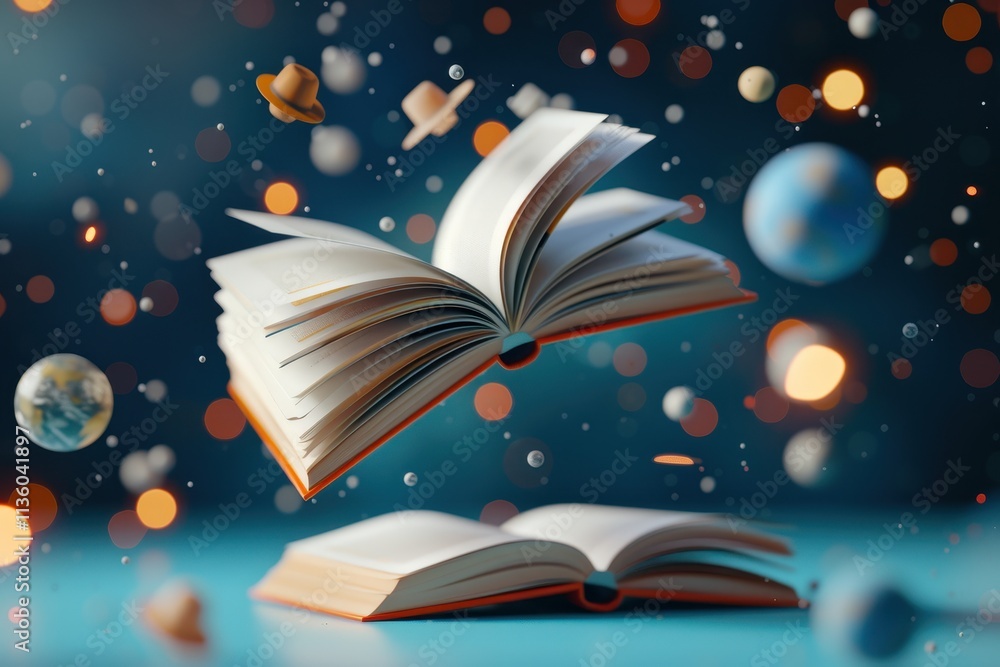Aufkleber two open books float in space surrounded by planets and colorful bokeh, symbolizing the universe of 