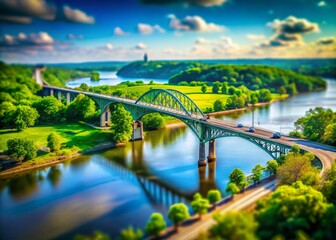 Fototapeta premium Alton Illinois River Crossing: Tilt-Shift Miniature Photography - Scenic River View, Historic Bridge, Mississippi River