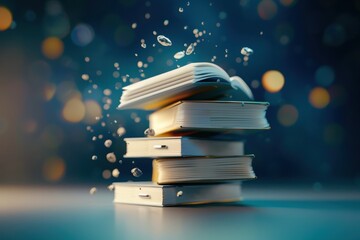 A stack of books appears to float with droplets of water around them, creating a whimsical and enchanting atmosphere.