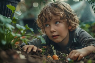 A curious child exploring the garden, surrounded by fresh vegetables and greenery.