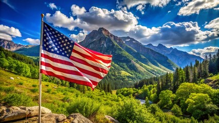 An American Flag Waves Over Majestic Mountains in Lush Greenery, Celebrating Liberty and Patriotism for Veterans Day and Independence Day
