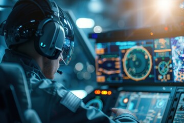 A focused operator monitors advanced controls in a high-tech cockpit, utilizing sophisticated technology for navigation and communication.