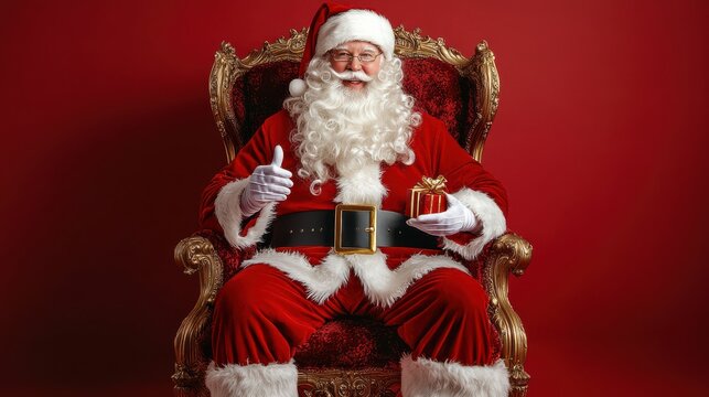 Santa Claus on His Throne with Gift Box and Red Background