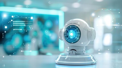 A futuristic robotic device with a glowing blue lens, set against a blurred background of technology and digital interfaces.