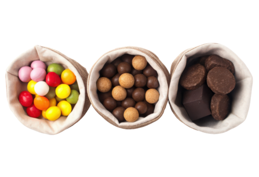 Three fabric bags filled with various sweets isolated with transparent background