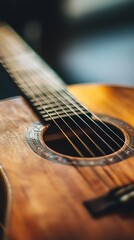 Fototapeta premium Acoustic Guitar Strings and Wooden Body Closeup in Artistic Lighting : Generative AI