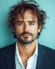 Asian man with a smile on his face is wearing a suit and a shirt in studio color background