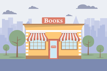 Bookstore against the backdrop of a city landscape. Bookstore facade against the backdrop of an urban landscape. Vector, cartoon illustration. Vector.