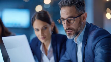 A focused discussion between two professionals in a modern office setting, analyzing data on a laptop with a collaborative atmosphere.