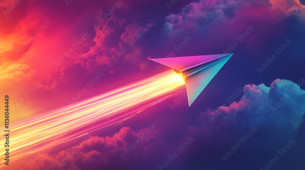 Poster dynamic paper airplane soaring through colorful clouds digital artwork vibrant environment aerial vi