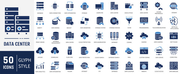 Data Center Flat Icons set. Containing to server, hosting, technical support, and more. Vector Illustration