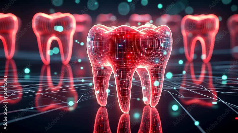 Poster digital representation of glowing teeth surrounded by data points in a futuristic environment