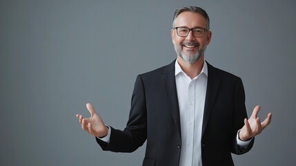 Businessman with Welcoming Gesture in Professional Attire