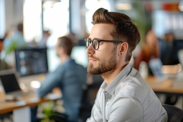 Fototapeta premium A focused young man with glasses sits in a modern office, surrounded by colleagues working on computers.