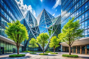 Fototapeta premium Architectural Photography: Three-Leafed Trees, Modern Building, Urban Greenery, Nature in Cityscape