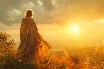 A figure draped in a cloak stands against a breathtaking sunset, symbolizing contemplation.