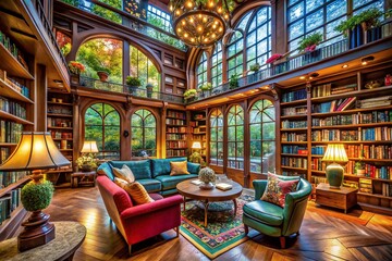 Obraz premium Architectural Photography of a Serene Library Space Emphasizing Books of Joy, Creativity, and Mental Wellness in an Imaginary Realm Filled with Light and Colorful Elements