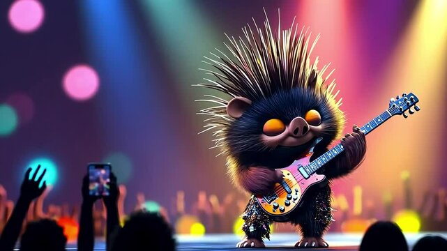 A cute hedgehog playing bass guitar on stage in front of cheering audience.