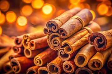 Aromatic Cinnamon Sticks: High-Resolution Photo, Spicy Autumn, Warm Spices, Culinary Photography, Food Photography, Close-up, Depth of Field, Cinnamon Bark, Baking Ingredient