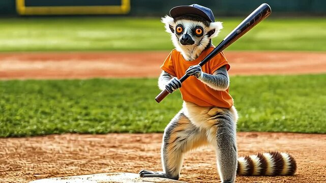 A lemur wearing a baseball cap and jersey holds a bat at home plate.