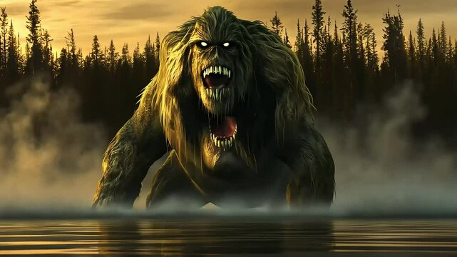 A monstrous creature emerges from a misty swamp at sunset, its menacing presence filling the dark forest.