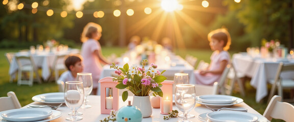 Spring wedding celebration with elegant table settings and children enjoying golden sunset outdoors