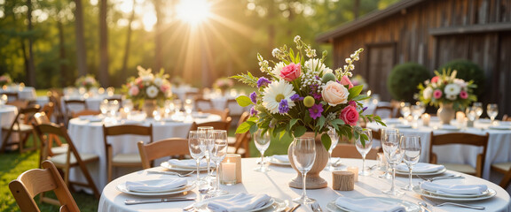 Spring wedding reception outdoors with floral arrangements and sunset lighting