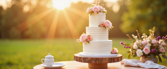 Beautiful three-tier white wedding cake with flowers in a spring outdoor setting during sunset