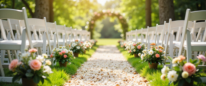 Elegant spring wedding setup with floral decorations and a charming arch in a serene outdoor location