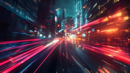 Fototapeta premium Dynamic speeding lights urban cityscape nighttime photography vibrant environment low angle view motion concept