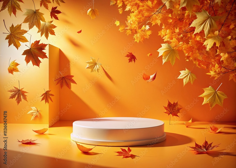 Poster autumn 3d podium product background with falling leaves and an empty orange backdrop stage for creat
