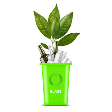 Green trash can. With a recycling icon for glass, and green sprout. Isolated on a white background. Garbage sorting. Ecology. Garbage
