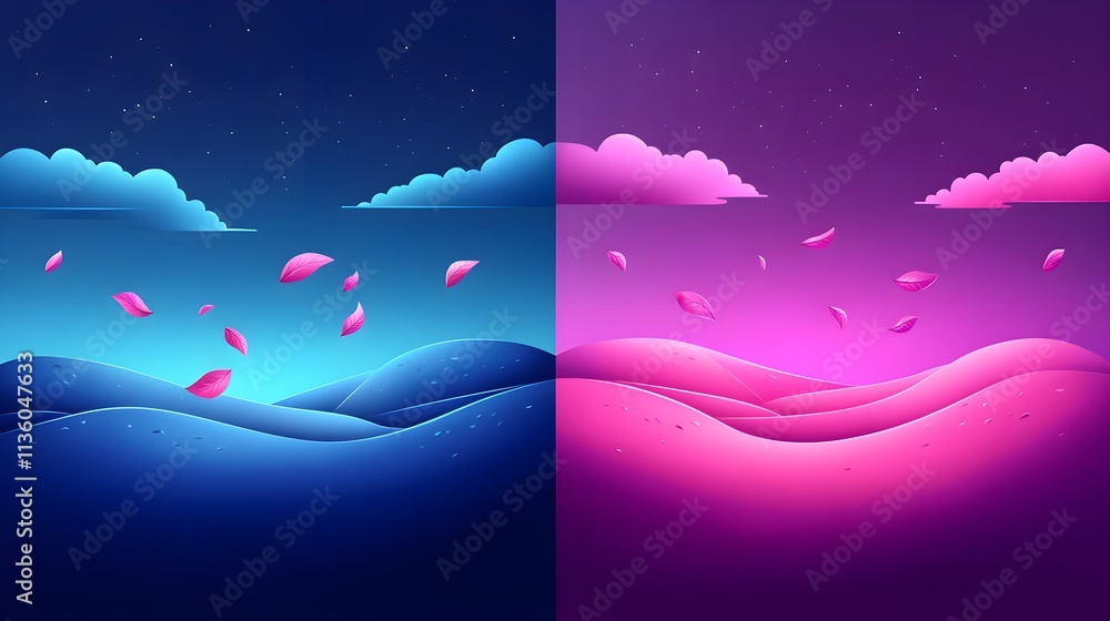 Aufkleber dynamic colorful landscape with floating petals digital art abstract viewpoint tranquil environment